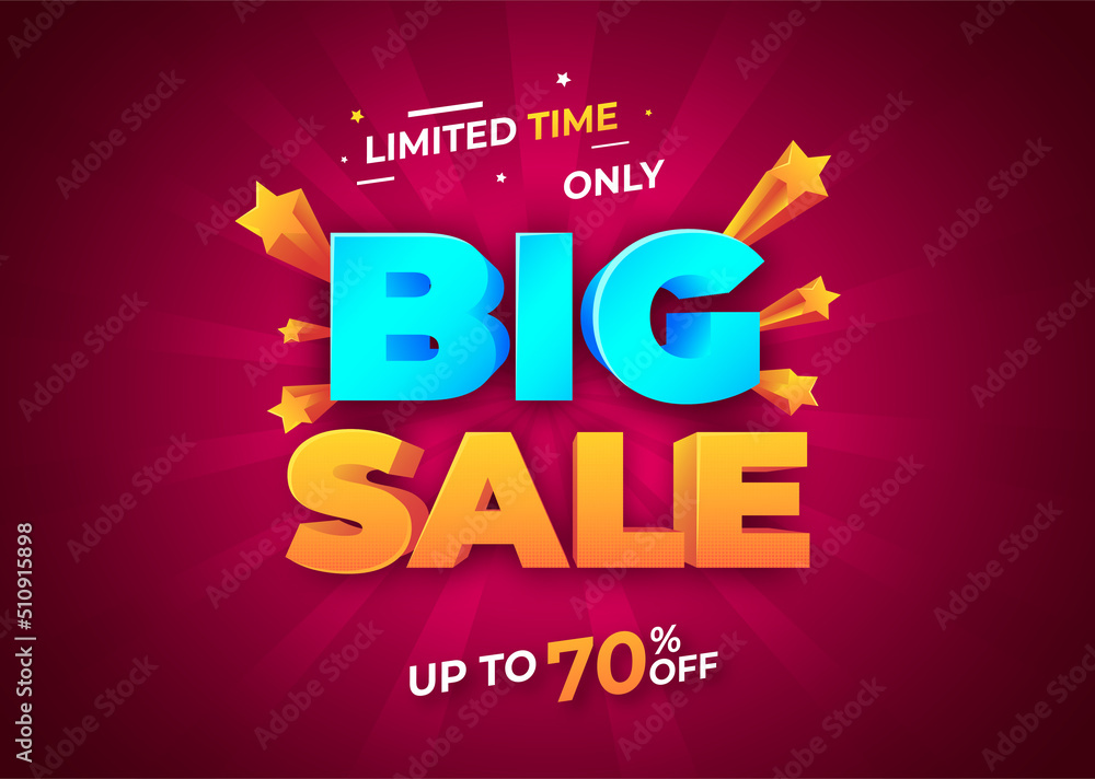 Big Sale banner red background template design, Big sale special up to 70% off. Super Sale, end of season special offer banner.
