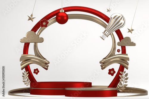 Photography The Mock up Red china Podium for product display minimal geometric design