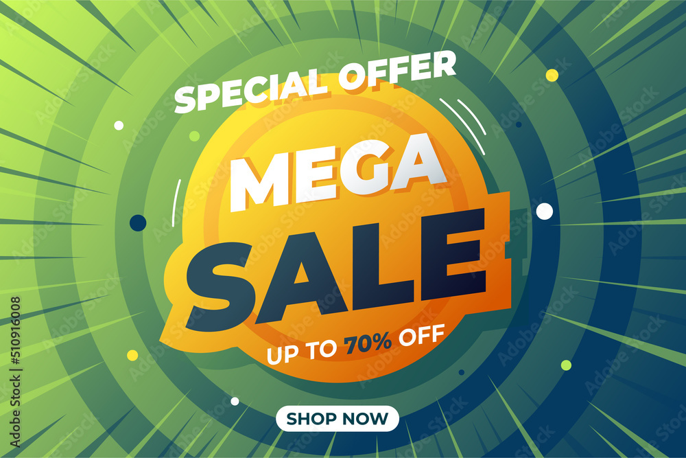 Fototapeta premium Mega Sale banner green orange color template design, Big sale special up to 70% off. Super Sale, end of season special offer banner.