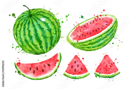 Watercolor set of whole and sliced watermelon