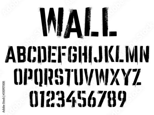 Stencil graffiti font. Aerosol spray text with grunge grain texture, paint splatter letters and numbers vector set photo
