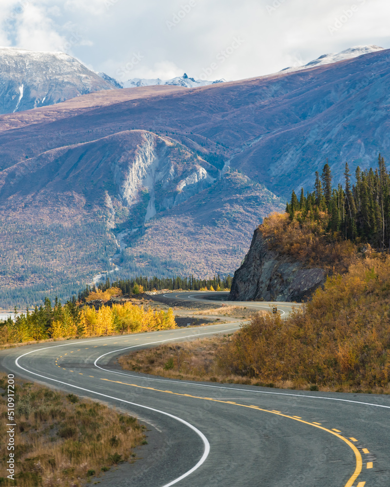 Landscape, road trip scenes in Yukon Territory, during fall, autumn. Canadian travel, tourism. Landscape, road trip scenes in Yukon Territory, during fall, autumn. Canadian travel, tourism.