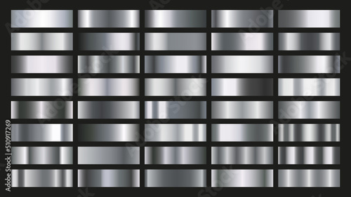 Linear metal gradients. Chrome plate, stainless steel and silver metallic gradient vector set