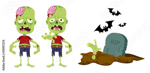 Vector illustration of cute and scary zombies on Halloween on white background. characters in different poses with stands looking, get out of the coffin and there bats around in cartoon style.