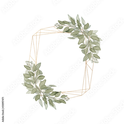 Golden diamond-shaped frame framed by green eucalyptus leaves on a white isolated background. Watercolor illustration