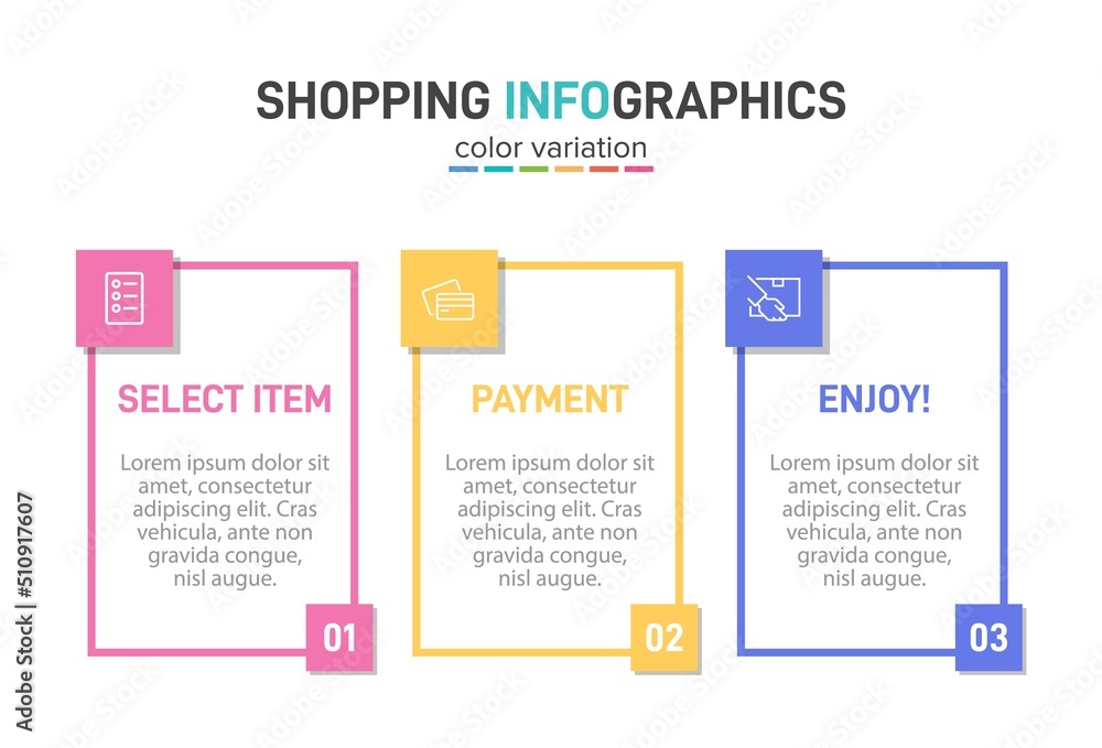 Concept of shopping process with 3 successive steps. Three colorful graphic elements. Timeline design for brochure, presentation, web site. Infographic design layout. Concept of shopping process with 3 successive steps. Three colorful graphic elements. Timeline design for brochure, presentation, web site. Infographic design layout.