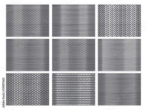 Perforated steel. Grill texture, stainless steel plate with perforation holes and metallic grid background vector set