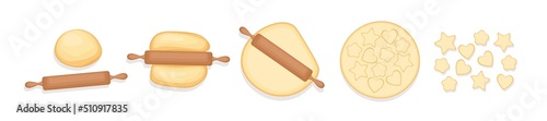 Vector illustration homemade dough on white background. Decorative design elements. A piece of dough is leveled with a rolling pin and cookies of various shapes are made from it cartoon style.