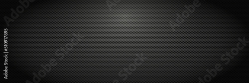 Perforated metal. Dark sheet plate with perforation holes, black metallic vector background