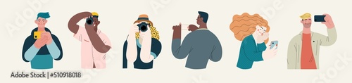 People portrait - Taking photos -Modern flat vector concept illustration of a people taking photo with a phone or camera, half-length portrait, user avatar. Creative landing web page template