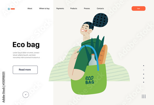 Ecology - Eco bag -Modern flat vector concept illustration of a young woman holding a reusable grocery bag. Creative landing web page template