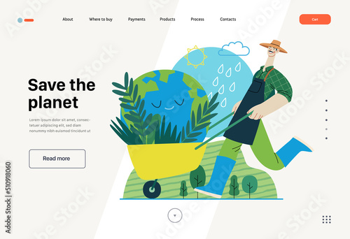 Ecology - Save the planet -Modern flat vector concept illustration of a gardener wearing a hat, apron and boots carrying a garden cart with a globe inside. Creative landing web page template