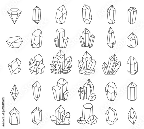 Mineral crystal. Jewel sapphire gems, crystallised minerals and quartz crystals line icons vector set photo