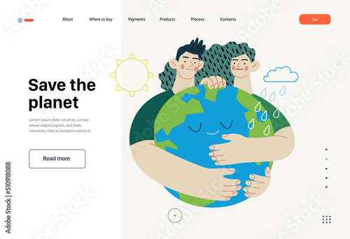 Ecology - Save the planet -Modern flat vector concept illustration of a gardener wearing a hat, apron and boots carrying a garden cart with a globe inside. Creative landing web page template