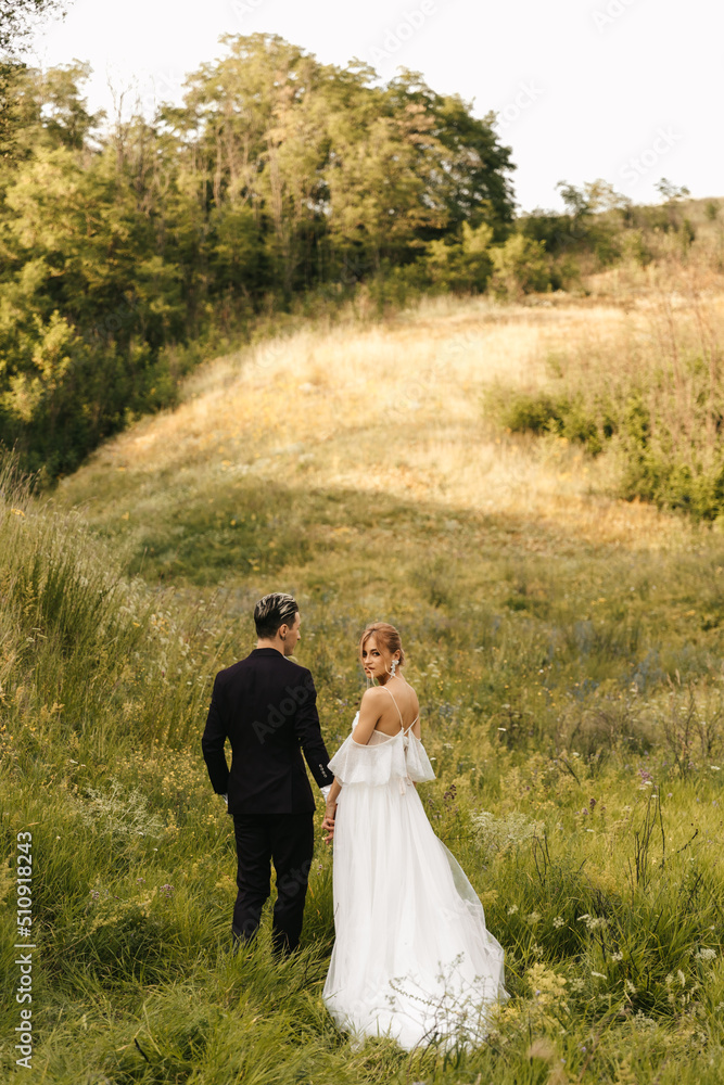 Beautiful young couple walking in nature holding hands Beautiful young couple walking in nature holding hands