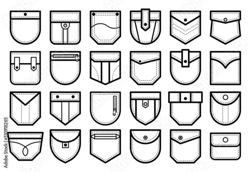 Patch pocket. Shirt and pants clothes pockets patches with buttons and zip lines. Isolated white vector set