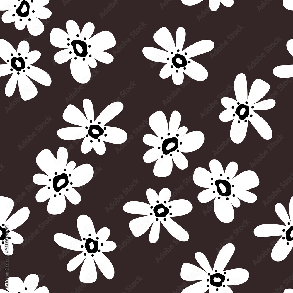 Seamless background with primitive floral pattern. Simple minimalistic background, cute big white flowers on black background in boho style. wallpaper, print for banner, postcard, packaging, textile. Seamless background with primitive floral pattern. Simple minimalistic background, cute big white flowers on black background in boho style. wallpaper, print for banner, postcard, packaging, textile.