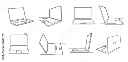 One line laptop. Notebook computer gadget with empty screen, keyboard and touchpad. Continues line open laptops vector Illustration set