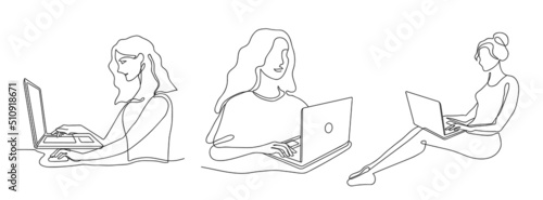 Female with laptop. Continuous line art businesswoman working with notebook computer, woman freelancer character and online work vector illustration set