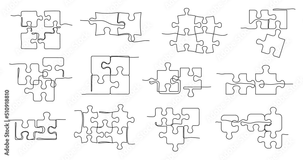 One line puzzle. Solving jigsaw, puzzle pieces connected together and teamwork concept vector illustration set