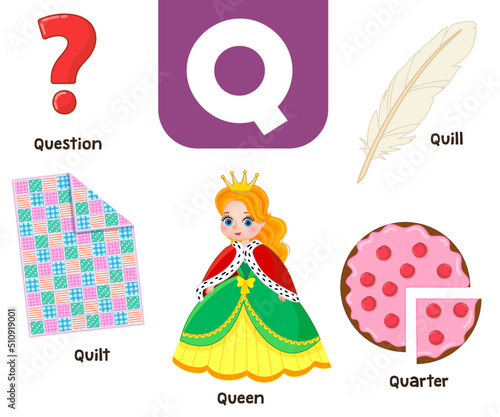 English alphabet in pictures — Children's colored letter Q — vector illustration