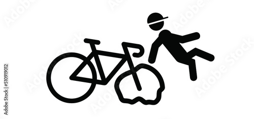 Cartoon stickman, stick figure man symbol. Falling down off a bike. Road, traffic accident, person fals of the bicycle. caution, dangerous cyclist fall pitcogram. Vector logo.