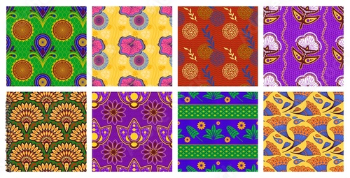 African wax pattern. Seamless ethnic floral ornament, fashion fabric prints vector set