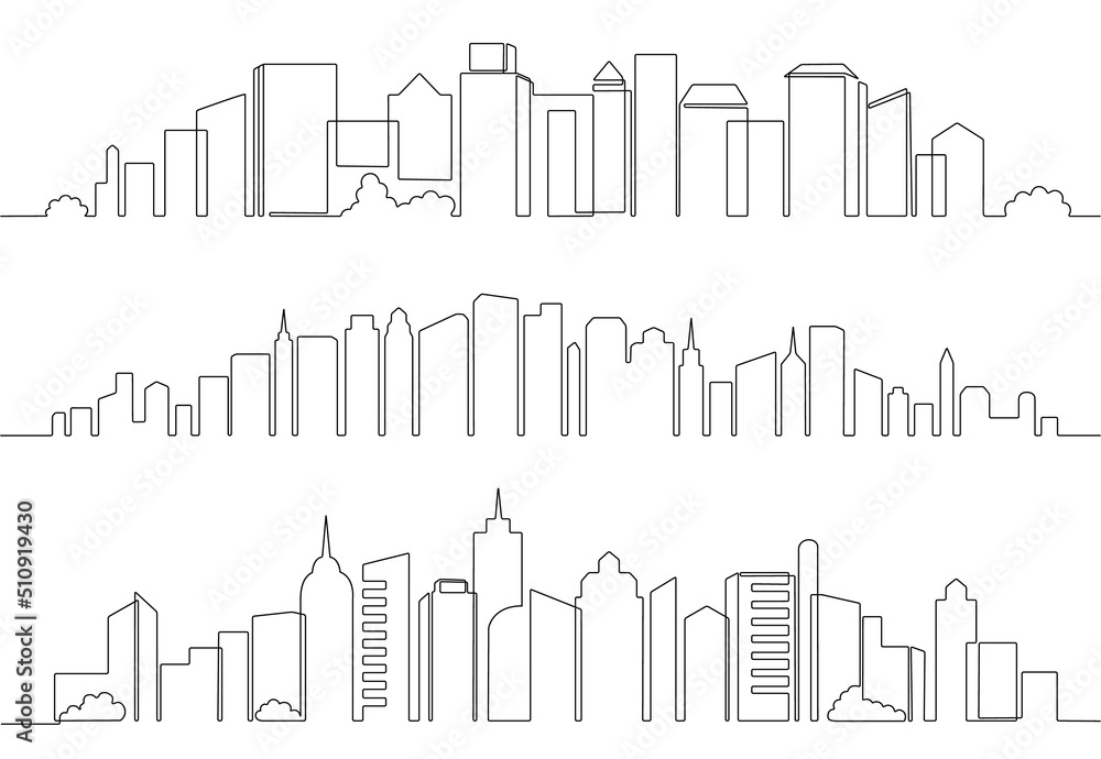 One line city buildings. Downtown architecture skyline, panoramic skyscrapers cityscape and continuous line urban town vector illustration set