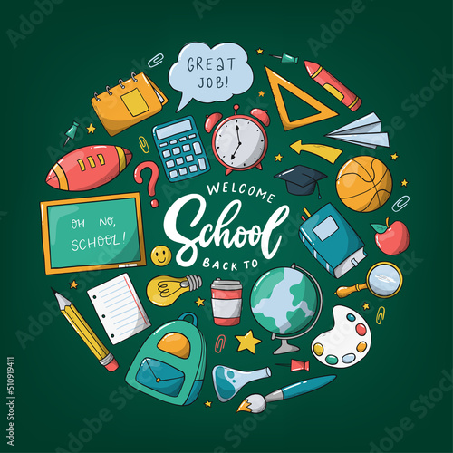 Set of hand drawn school doodles for stickers, prints, clip art, planners, organizers, etc. School supplies, stationery stuff. EPS 10