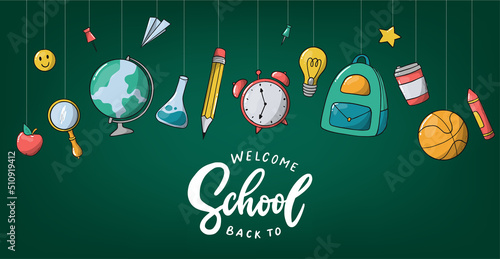 Back to school banner decorated with doodles and lettering quote. Good for posters, prints, cards, templates, etc. EPS 10