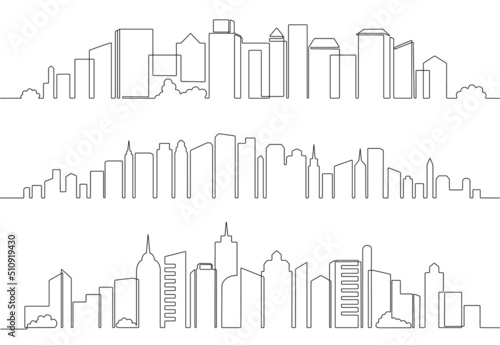 One line city buildings. Downtown architecture skyline, panoramic skyscrapers cityscape and continuous line urban town vector illustration set