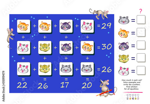 Mathematical logic puzzle game for smartest. How much is each cat? Solve examples and write the numbers. Find solution for all equations. Brain teaser book. Count and play. Online education.