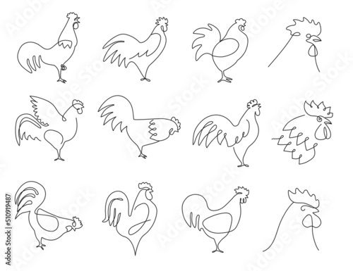 One line roosters. Farm bird silhouette, rooster portrait and hand drawn cock continuous line illustration vector set