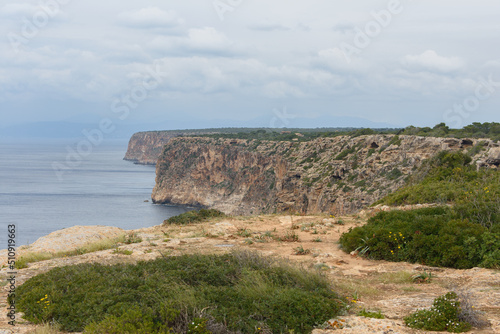 Steep coastal cliffs at Cap Blanc in Mallorca, Spain.