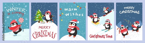 Christmas penguin greeting card. Winter is coming, warm wishes and merry christmas cards with playing penguins cartoon vector set