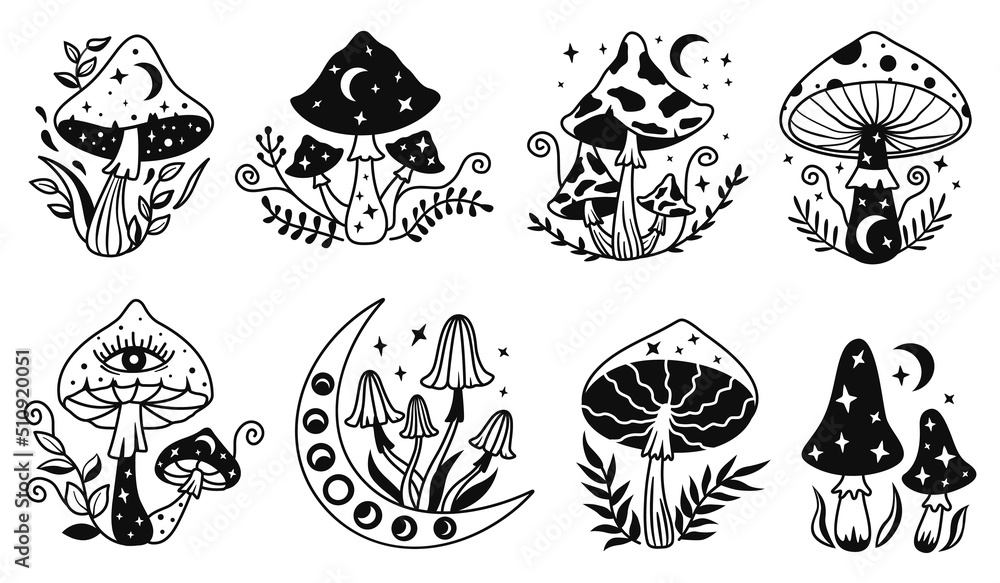 Celestial mushroom. Hand drawn mystical magic mushrooms with moon and stars, sakral psychedelic trip vector illustration set