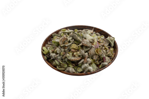 Origanum dictamnus, dittany of Crete tea on a plate isolated on white background. Cretan dittany or hop marjoram is a medicinal tea growing wild only in Crete. It is a healing, therapeutic and photo