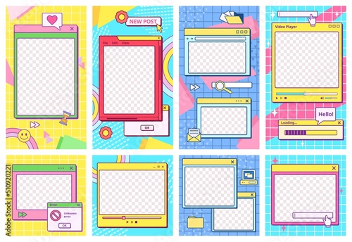 Retro UI post template. Cool 90s aesthetic social media stories frames, app window with groovy background vector set