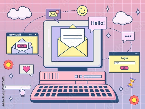 Retro ui mail. Email mailbox with envelope on 90s computer screen, internet nostalgia vector illustration