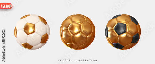 Soccer ball. Football balls Set realistic 3d design style. Leather texture golden and white color. Mockup of sports elements isolated on white background. vector illustration