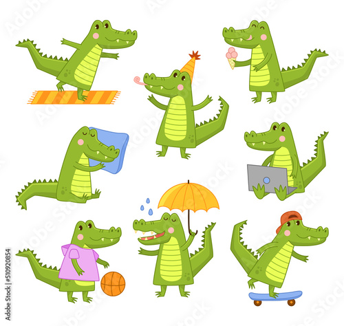 Cute cartoon crocodile. Aligator mascot in different activities, funny tropical animal character and happy smiling crocidiles vector illustration set