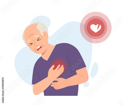 Old man holding his chest with heart attack symbol. Elderly people's risk. Concept of heart disease, emergency, health care and medicine, cardiopathy. Flat vector illustration character.