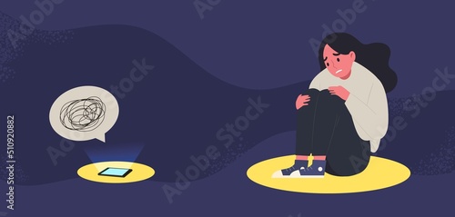 Female fear of hateful comments on social media. Concept of hate speech, critic, toxic comment, negative feeling, suffering from cyberbullying, depression. Flat vector illustration character.