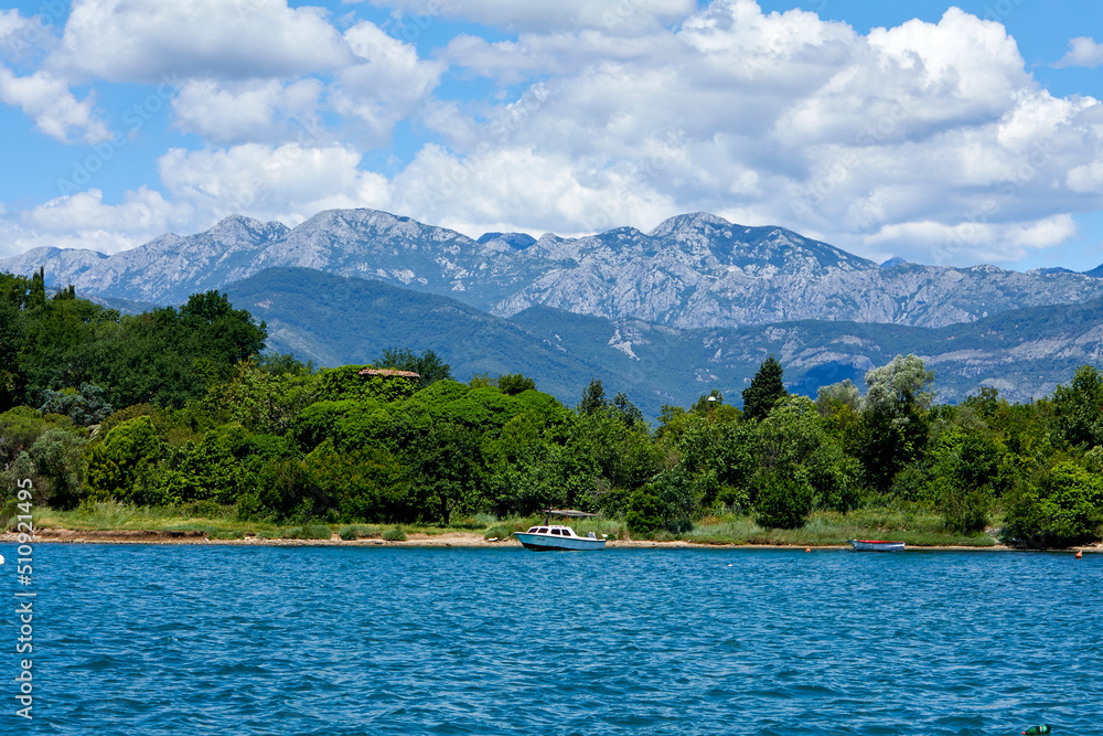 Beautiful aerial panorama view of montenegro coastline with azure sea water.