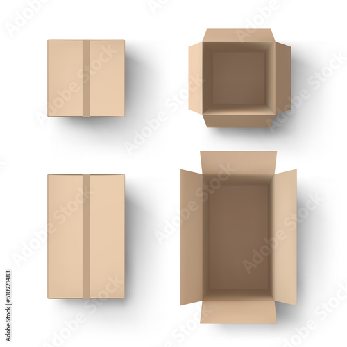 Realistic brown box. Open and close parcel, cardboard packaging and delivery boxes top view 3D mockup vector set
