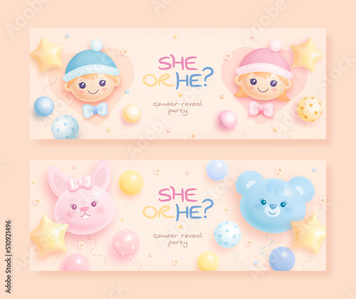 He or she. Cartoon gender reveal invitation template. Set of horizontal banner with helium balloons and flowers. Vector illustration