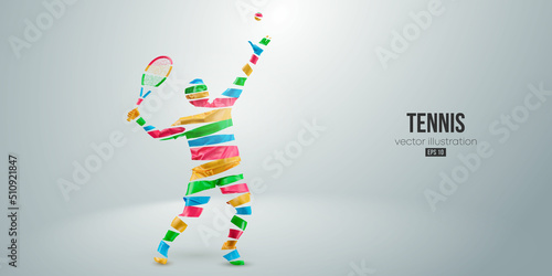 Abstract silhouette of a tennis player on white background. Tennis player man with racket hits the ball. Vector illustration