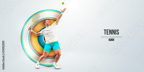 Realistic silhouette of a tennis player on white background. Tennis player man with racket hits the ball. Vector illustration