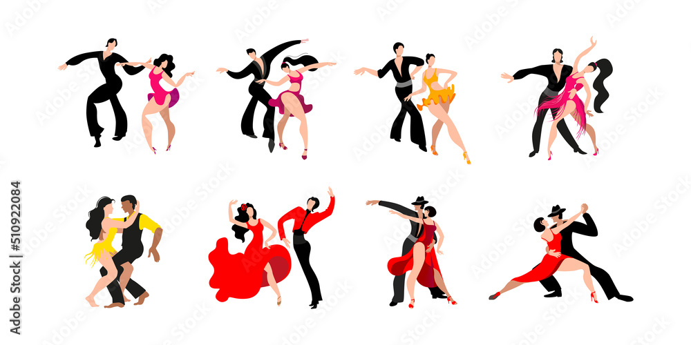 Beautiful couple dancing Latin American dances. A set of images of dancing couples. Vector illustration in bright colors.