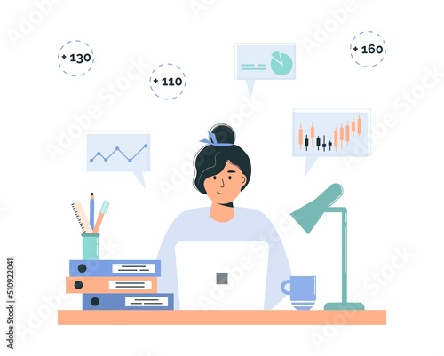 Investment concept. Female investor is working on laptop. Stock trading on stock exchange. Character analyzes stock market or cryptocurrency profit chart. Flat vector illustration on white background.
